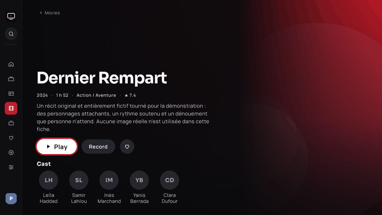 Movie details: artwork, information, Play button and cast