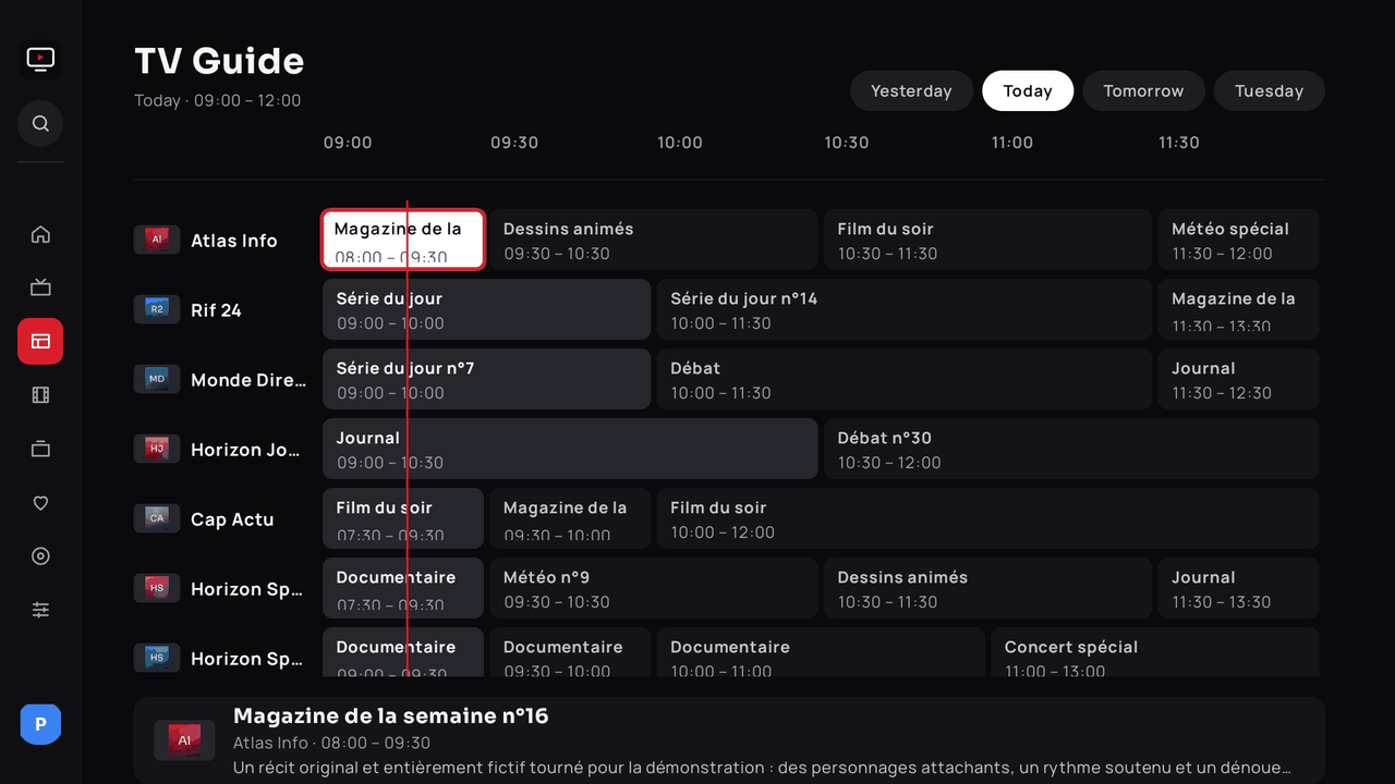 Programme guide: time grid with the current-time line