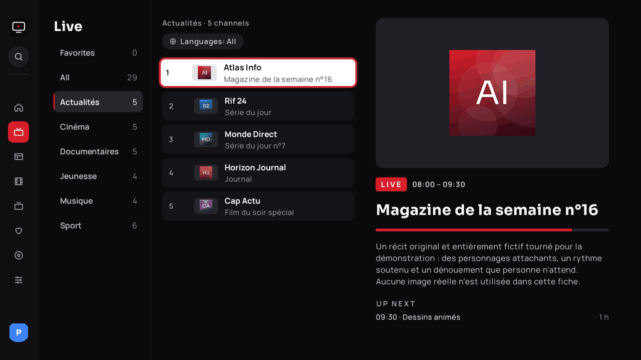 Live TV screen: categories on the left, channels with logos and the current programme