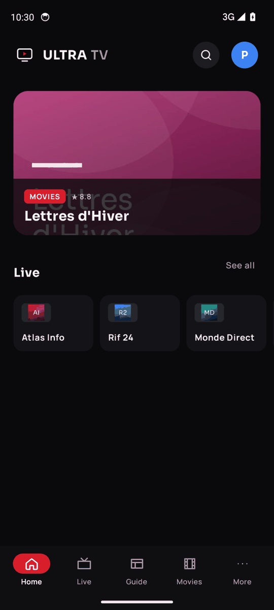 Ultra TV on an Android smartphone