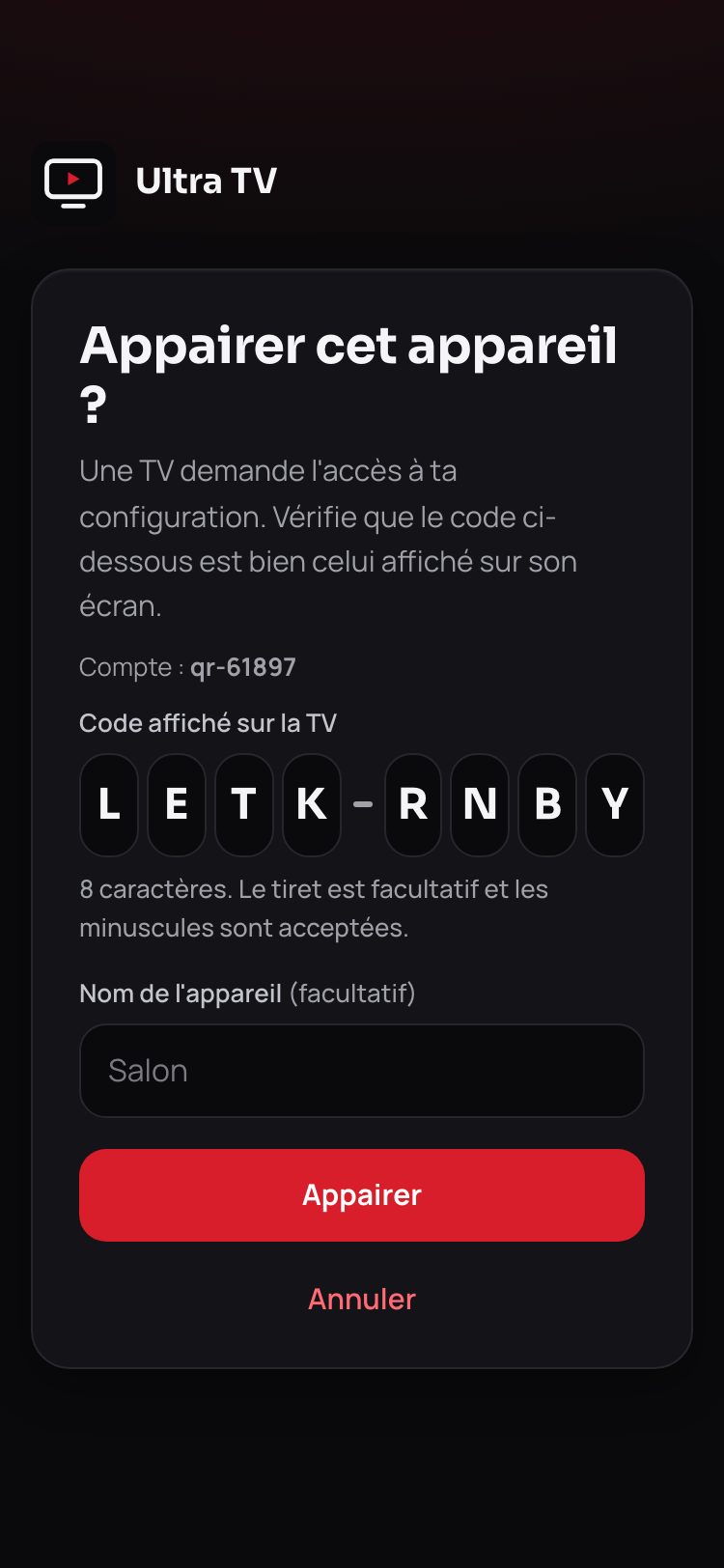 Confirmation d'appairage avec le code pré-rempli
