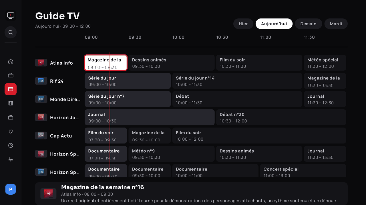 Guide des programmes : grille horaire avec la ligne du moment présent