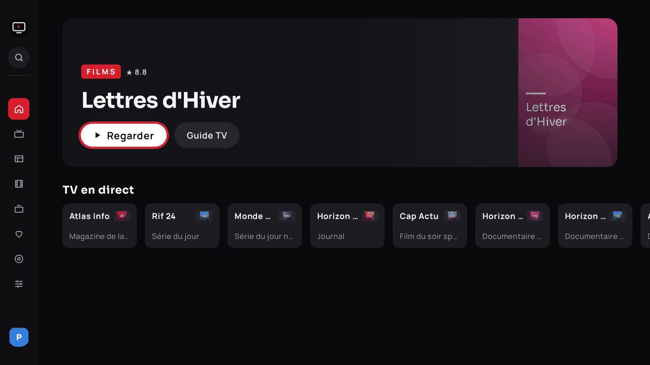 Écran d'accueil d'Ultra TV avec une affiche à la une et la rangée Chaînes en direct