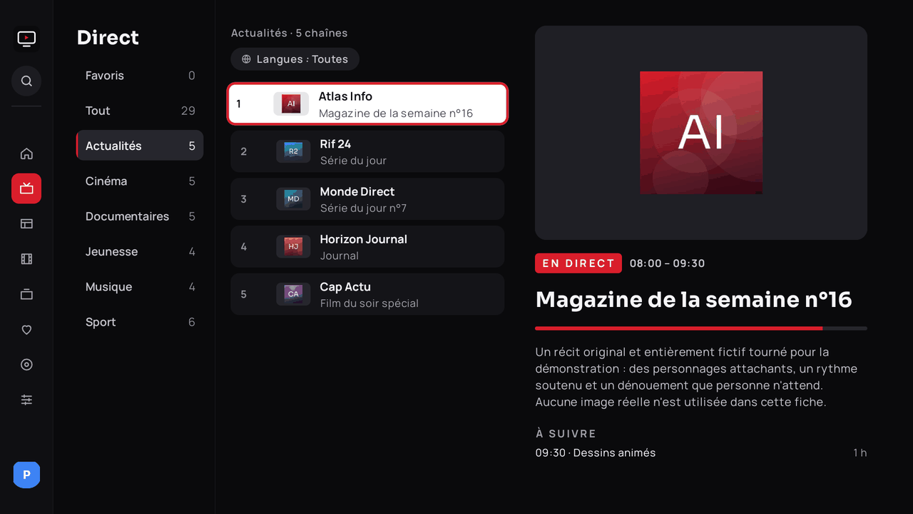 Écran Direct : catégories à gauche, chaînes avec logos et programme en cours