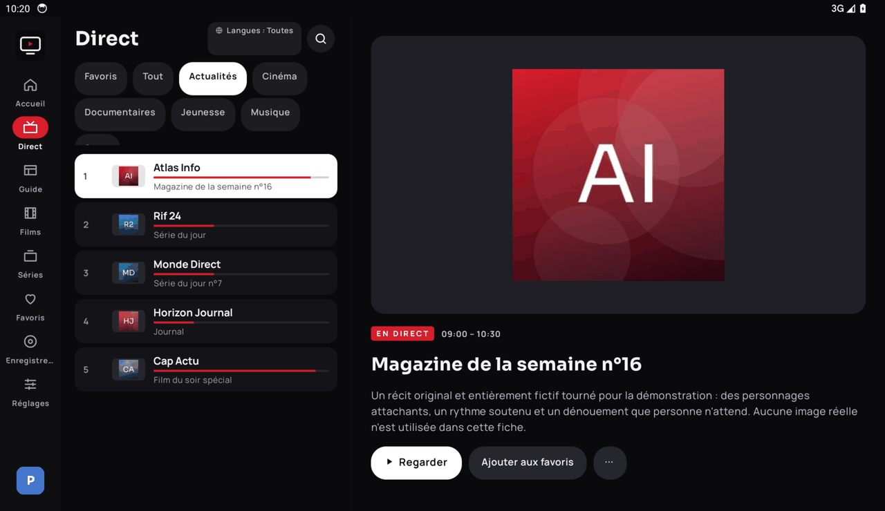 Ultra TV sur tablette Android : menu latéral, liste et fiche